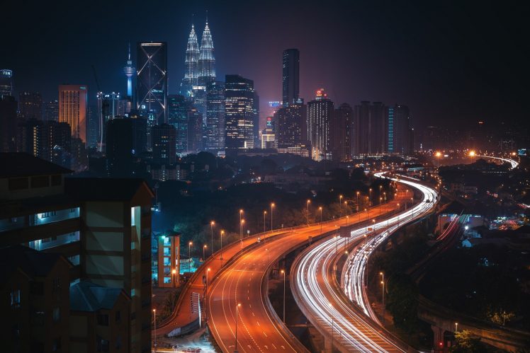 building, Kuala Lumpur, City, Road, Night, Malaysia, Lights HD Wallpaper Desktop Background
