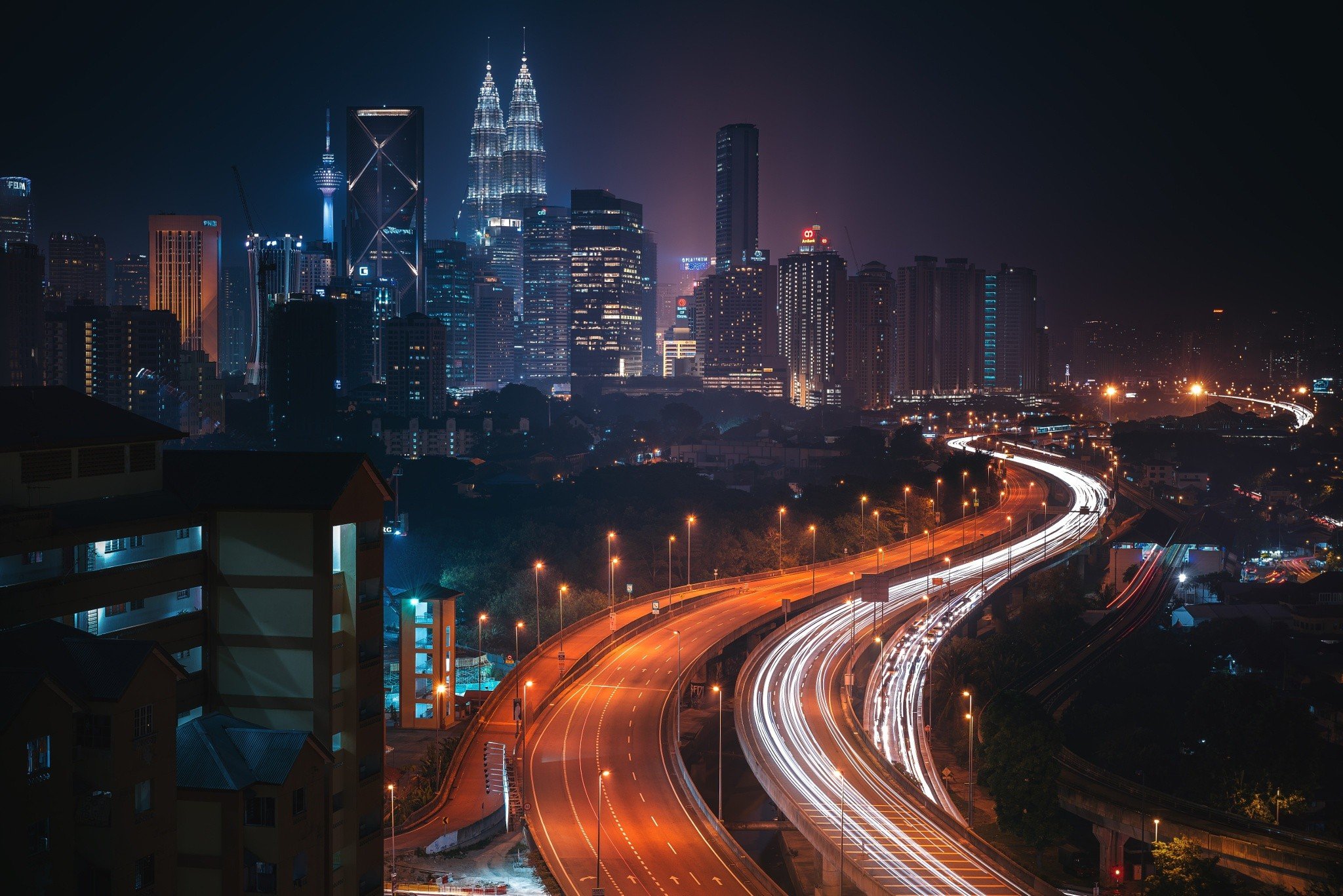 building, Kuala Lumpur, City, Road, Night, Malaysia, Lights Wallpaper