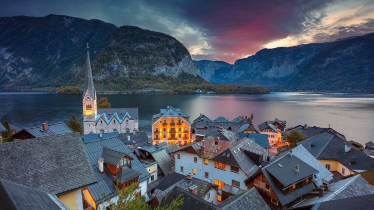 mountains, Hallstatt, Church, Austria, Rooftops, Lake HD Wallpaper Desktop Background
