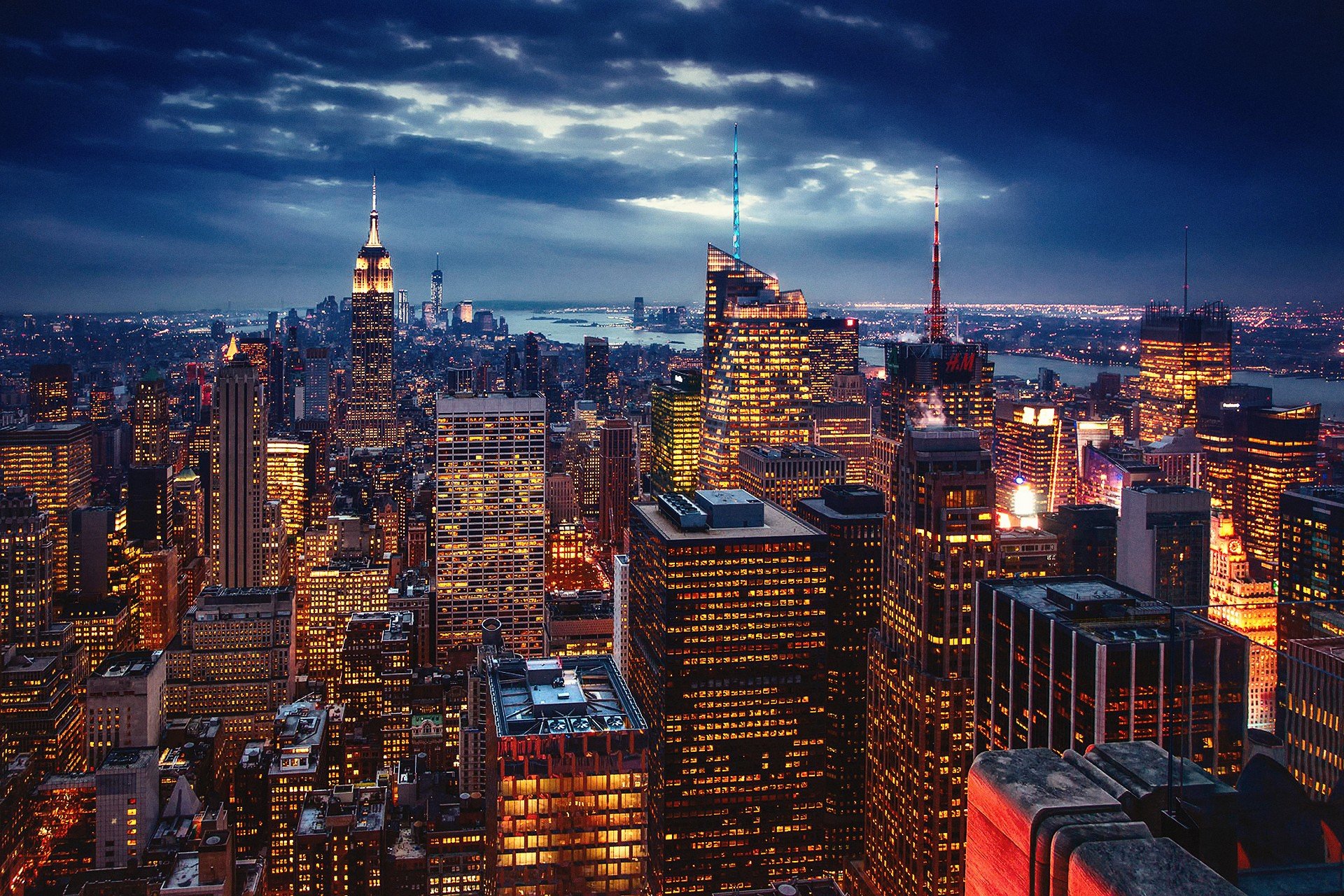 building, Lights, USA, Night, Evening, New York City Wallpaper