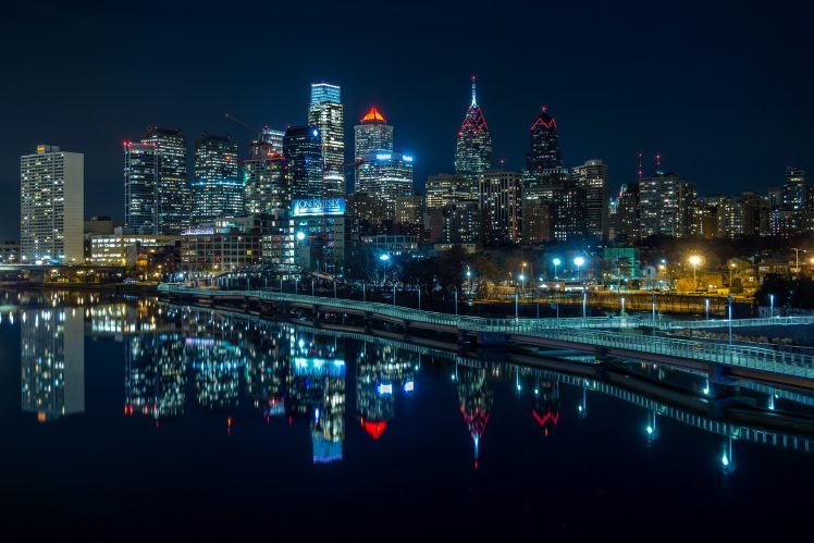 building, Lights, USA, Night, Skyscraper, Reflection, Promenades, River, Philadelphia, Water HD Wallpaper Desktop Background