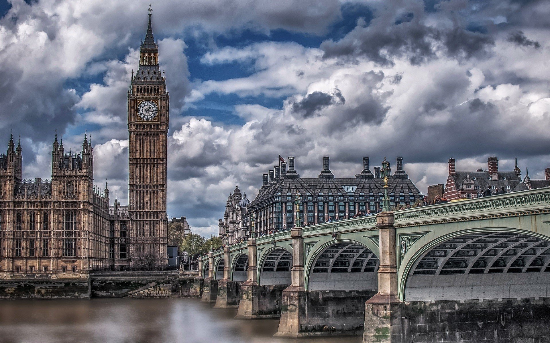 London, UK, City, Bridge, River Thames, Big Ben, Clouds, HDR Wallpaper