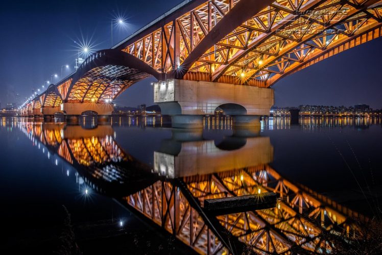 Seongsu Bridge, South Korea, Lights, Reflection, Han River, Seoul, Night HD Wallpaper Desktop Background