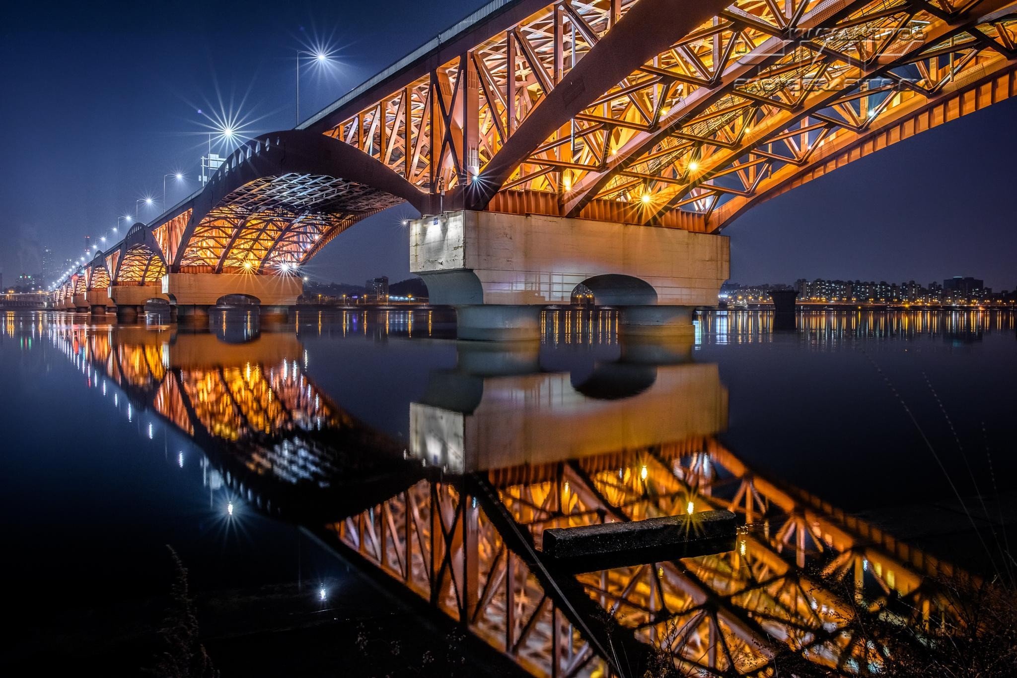 Seongsu Bridge, South Korea, Lights, Reflection, Han River, Seoul, Night Wallpaper