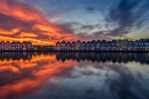 reflection, Sunset, Water, Sun, Netherlands, Amsterdam, Building