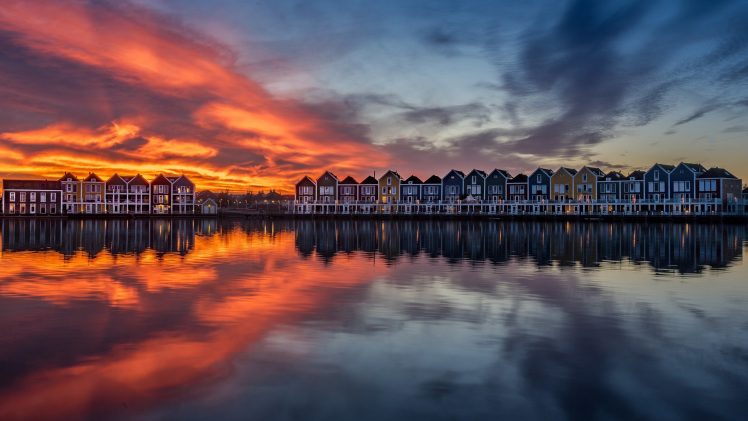 reflection, Sunset, Water, Sun, Netherlands, Amsterdam, Building HD Wallpaper Desktop Background