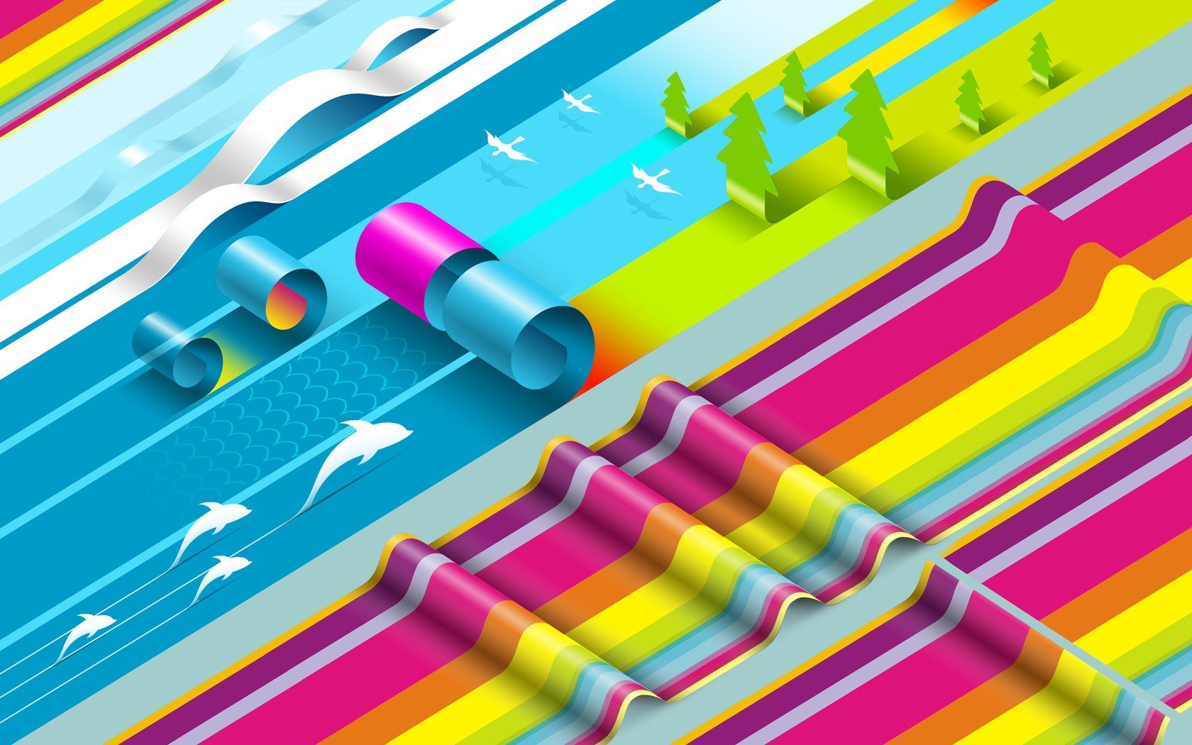 simple, Colorful, Dolphin, Birds Wallpaper