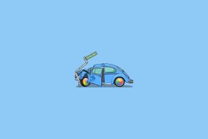 illustration, Blue background, Crash, Volkswagen Beetle, Minimalism