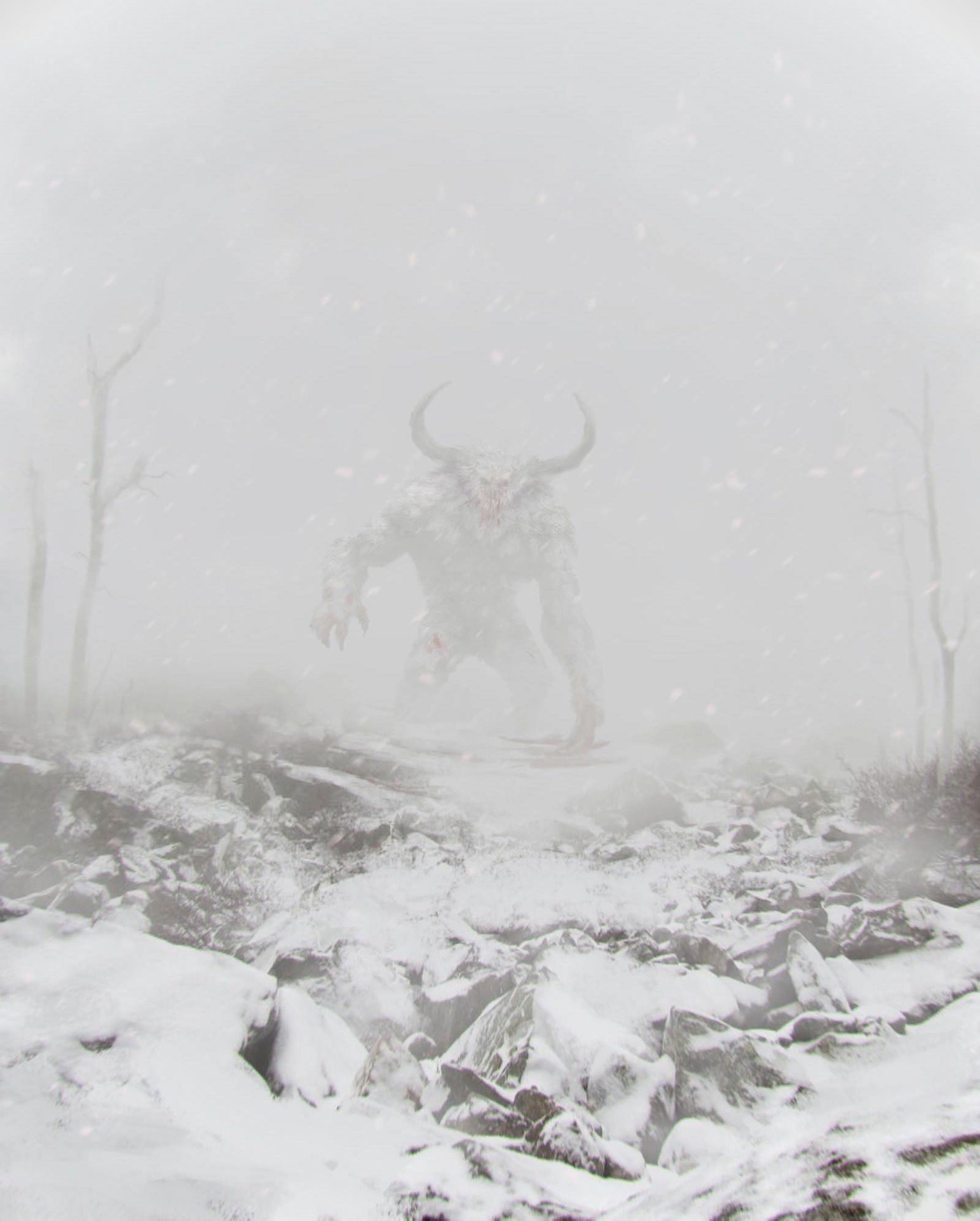 digital art, Snow, Creature, White, Mist, Fantasy art, Horns, Winter Wallpaper