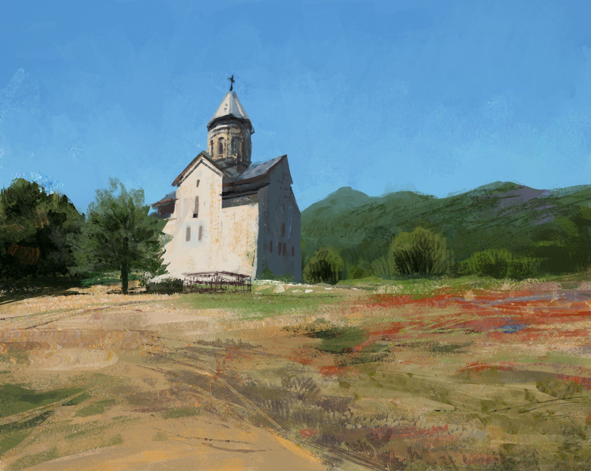 digital art, Landscape, Mountains, Church, Artwork Wallpaper