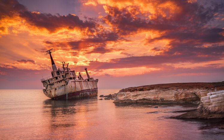 landscape, Sea, Sunset, Shipwreck HD Wallpaper Desktop Background