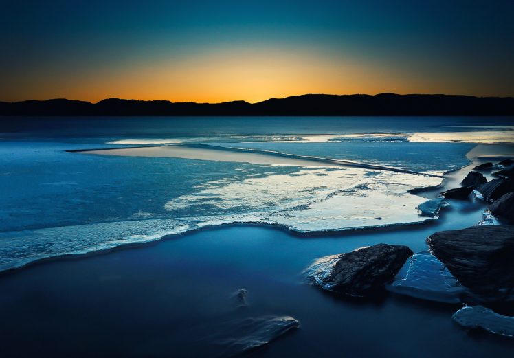 landscape, Frozen lake, Sunset HD Wallpaper Desktop Background