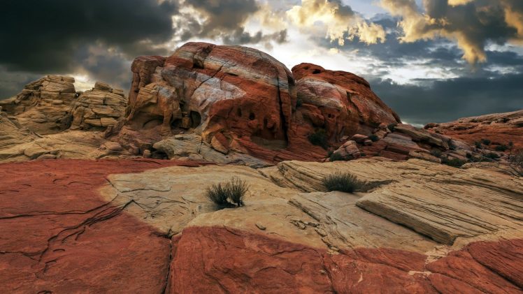 nature, Landscape, Clouds, Arizona, USA, Mountains, Valley, Valley of Fire State Park, Rocks, Plants HD Wallpaper Desktop Background