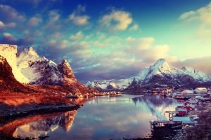 nature, Landscape, Clouds, Mountains, Lake, Lofoten, Norway, Snowy peak, House, Village, Water, Reflection, Winter, Trees, Long exposure, River, Snow, Sun rays, Fall, Stones