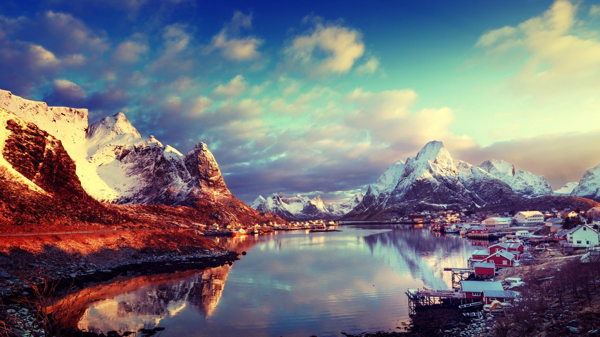 nature, Landscape, Clouds, Mountains, Lake, Lofoten, Norway, Snowy peak, House, Village, Water, Reflection, Winter, Trees, Long exposure, River, Snow, Sun rays, Fall, Stones Wallpaper