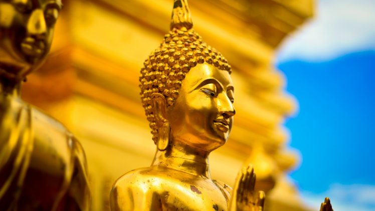 Buddha, Face, Nature, Landscape, Clouds, Depth of field, Buddhism, Gold, Statue, Temple, Thailand, Asia HD Wallpaper Desktop Background