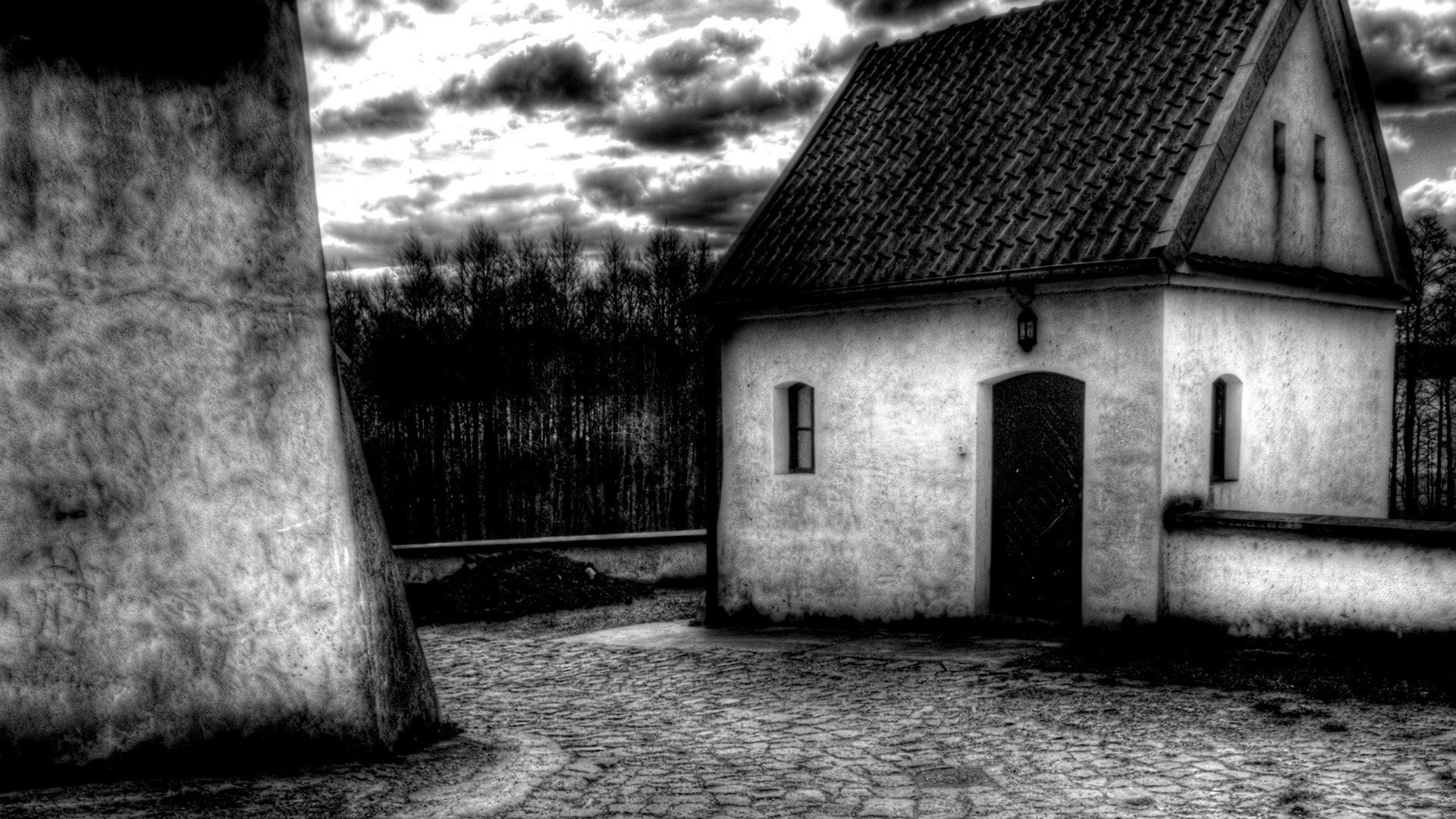 architecture, House, HDR, Monochrome, Clouds, Trees, Forest, Street, Cobblestone Wallpaper