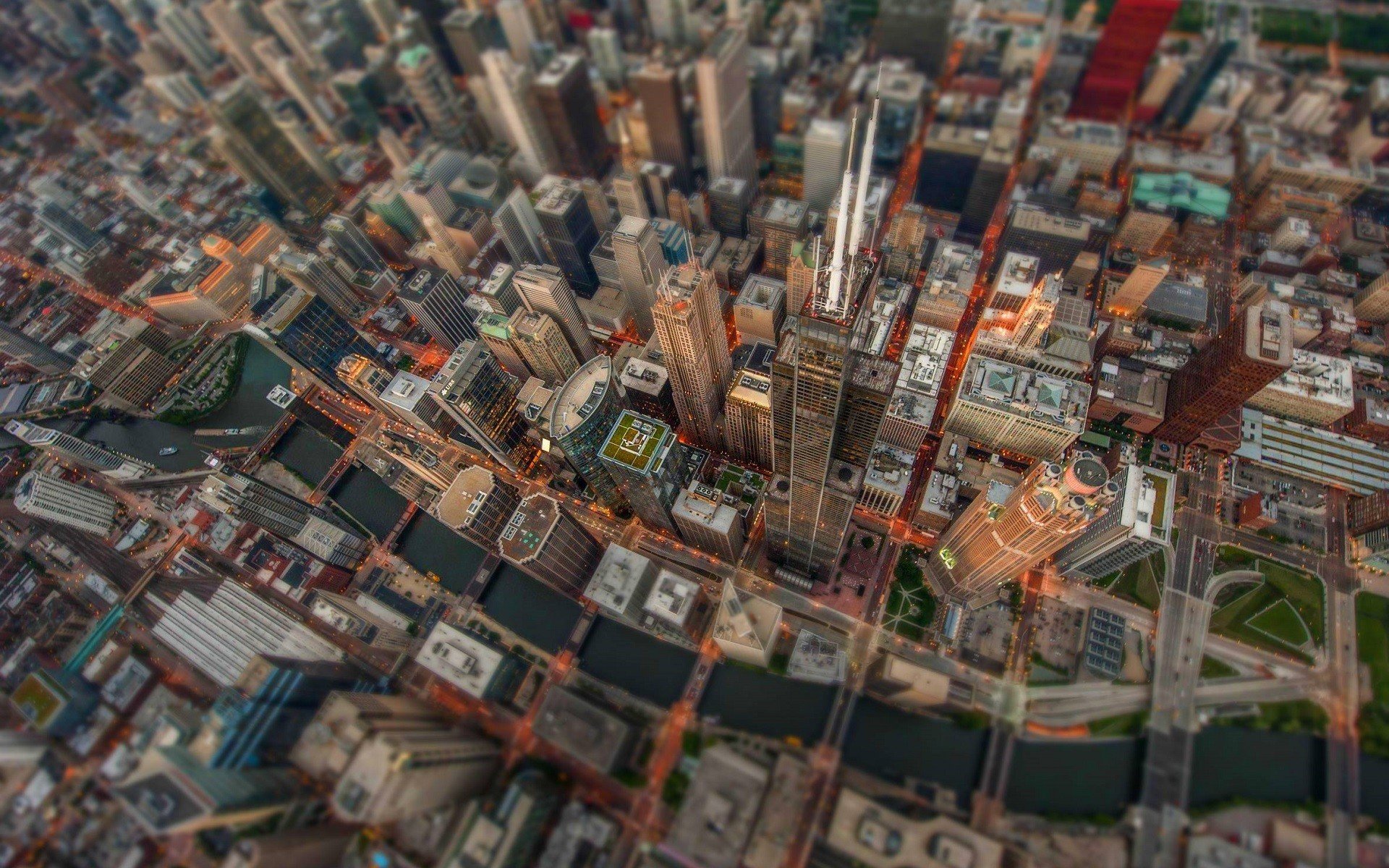 Chicago, City, Cityscape, Building, River, Skyscraper, Birds eye view, Tilt shift, USA Wallpaper