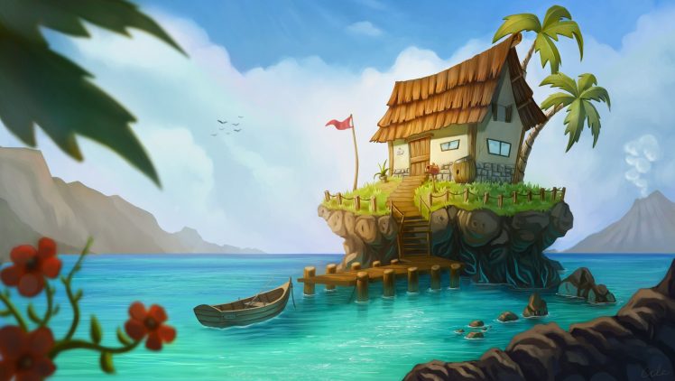 beach, House, Boat, Island, Volcano, Palm trees, Water, Sea, Flag, Red flowers, Digital art HD Wallpaper Desktop Background