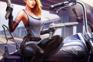 women, Futuristic, Motorcycle, Gun