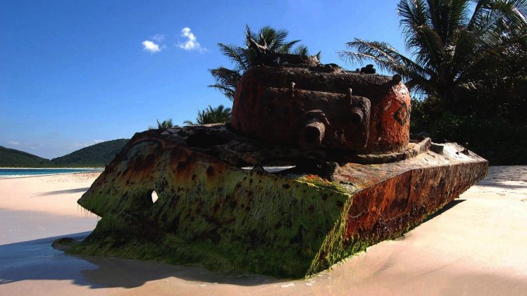 tank, Beach, Sand, Rust, M4 Sherman, Wreck HD Wallpaper Desktop Background