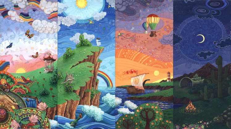 Aleksander Zhelonkin, Rainbows, Moon, Clouds, Artwork, Digital art, Landscape, Boat, Painting, Sun rays, Drawing, Nature, Hot air balloons, Lotus flowers, Butterfly, Sun HD Wallpaper Desktop Background