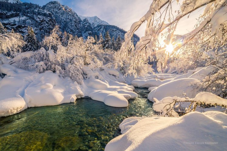 natural light, Nature, Water, Sun, Snow, Forest, River, Stream, Sky, Winter HD Wallpaper Desktop Background