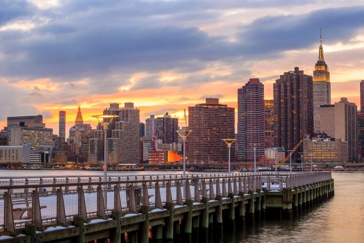 clouds, Sky, New York City, USA, River, Promenades, Pier, Skyscraper, Snow, Building HD Wallpaper Desktop Background