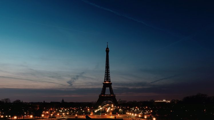 French, Eiffel Tower, Sky, Lights, Silhouette, Night, Paris HD Wallpaper Desktop Background