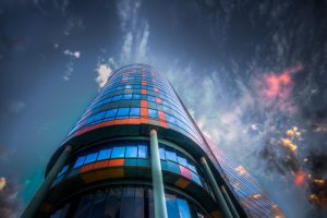 color correction, Glasses, Reflection, Building, Clouds, Sky, City, Architecture, Worms eye view