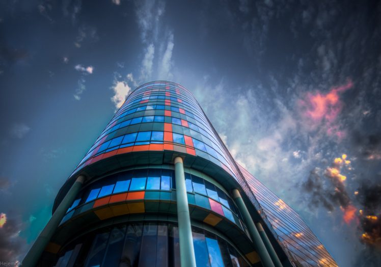 color correction, Glasses, Reflection, Building, Clouds, Sky, City, Architecture, Worms eye view HD Wallpaper Desktop Background