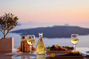 bottles, Table, Blurred, Sea, Food, Glasses, Paprika (spice), Plates, Landscape, Santorini