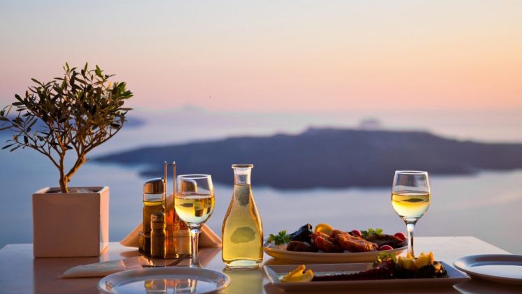 bottles, Table, Blurred, Sea, Food, Glasses, Paprika (spice), Plates, Landscape, Santorini HD Wallpaper Desktop Background