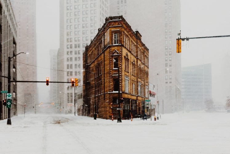 Hayden Scott, Snow, USA, Street, Winter, 500px, Detroit, Building, Traffic lights HD Wallpaper Desktop Background