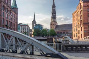 bridge, Church, Hamburg, Tower, Sky, Speicherstadt, Germany
