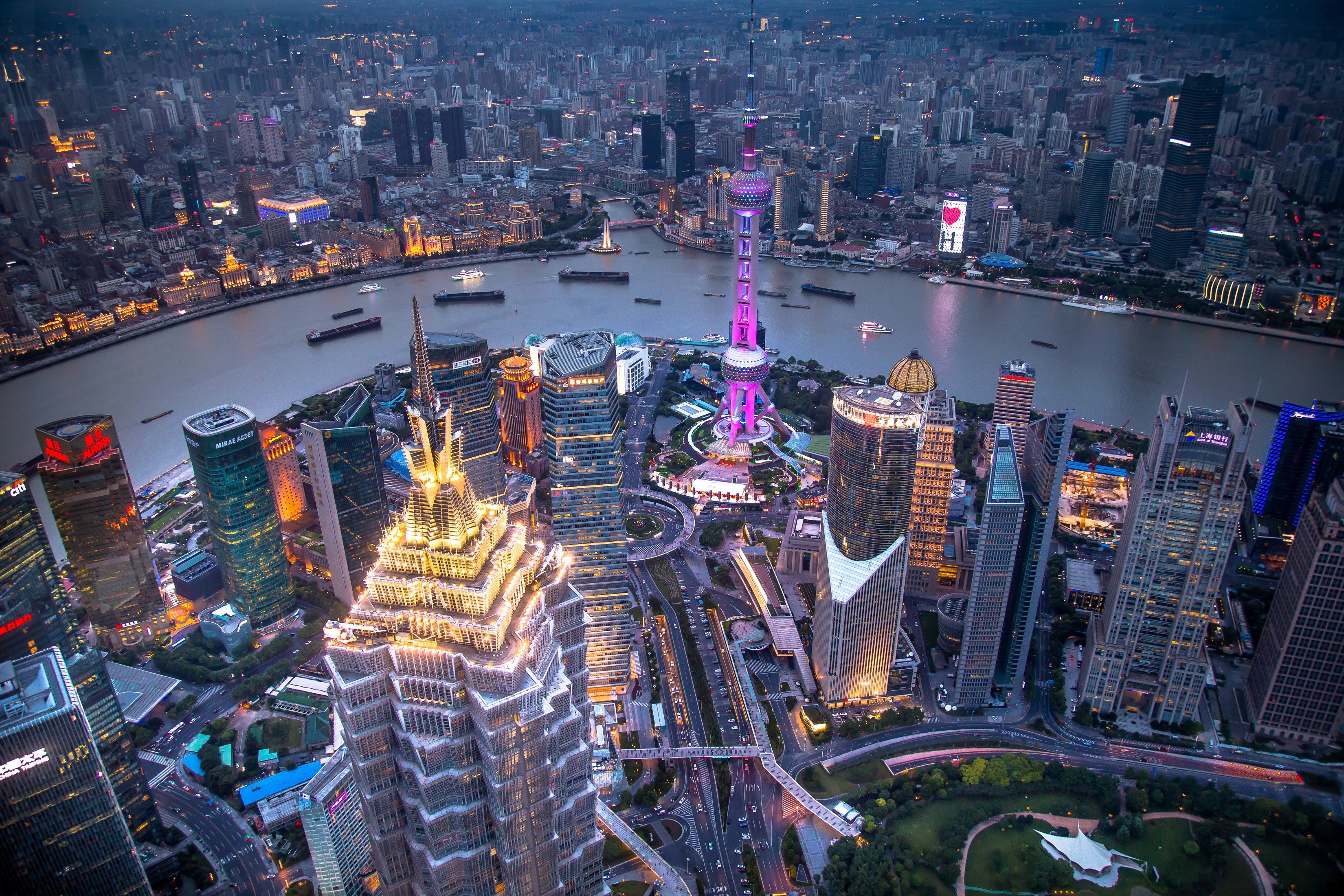 skycrapers, Ship, Panorama, Lights, Boat, Evening, China, River, Shanghai, Cityscape Wallpaper