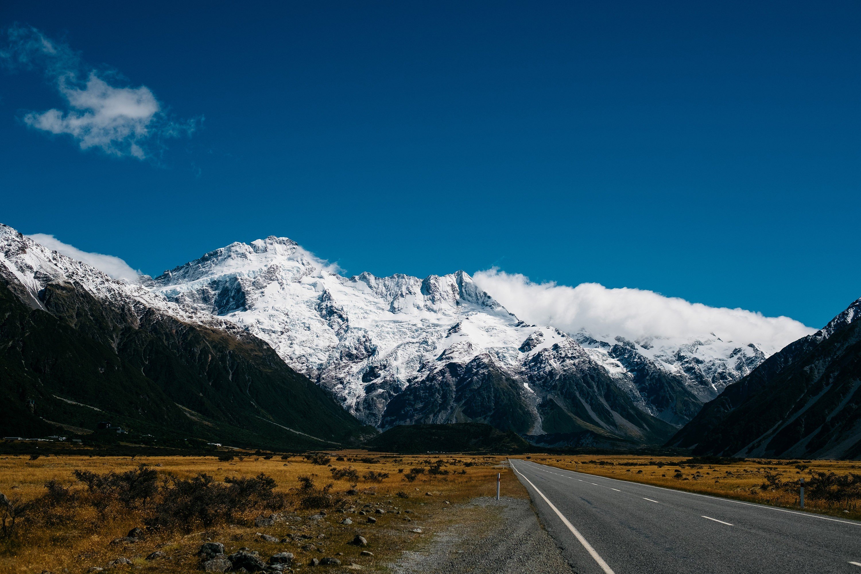 mountains, Road, Snow, Clouds, Blue, Sky, Rocks, Nature, New Zealand Wallpaper