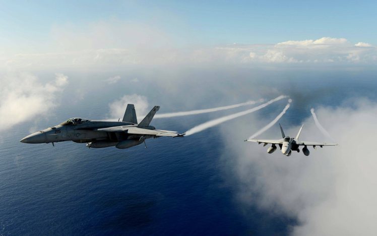 aircraft, Military, Military aircraft, Sea, Clouds, Boing F A 18F Super Hornet HD Wallpaper Desktop Background