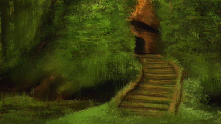 landscape, Environment, Concept art, Path, Photoshop, Painting, Drawing, Tree house, Wood, Forest HD Wallpaper Desktop Background