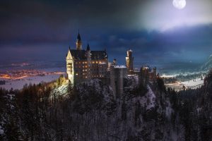 Neuschwanstein Castle, Castle, Germany, Night, Moon, Landscape, Snow, Forest, Trees
