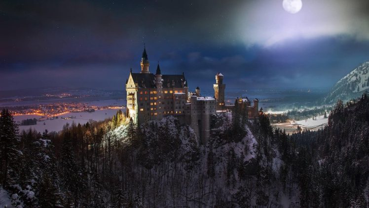 Neuschwanstein Castle, Castle, Germany, Night, Moon, Landscape, Snow, Forest, Trees HD Wallpaper Desktop Background