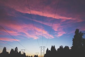clouds, Sunset, Power lines