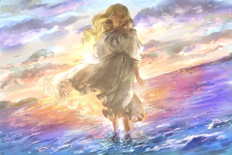 original characters, Blonde, Long hair, Fantasy art, Sunset, White dress, Dress, Sea, Sky, Sunlight, Fantasy girl, Anime HD Wallpaper Desktop Background