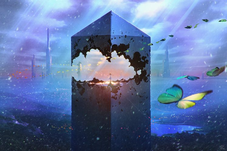 underwater, Obelisk, Fantasy art, Digital art, Butterfly, Sky HD Wallpaper Desktop Background