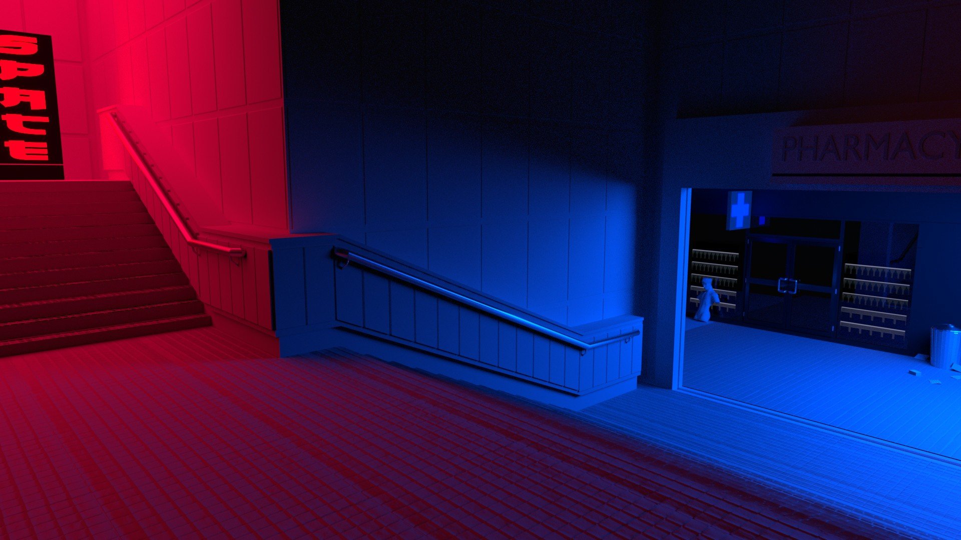 red, Blue, Stairs, Vaporwave Wallpaper