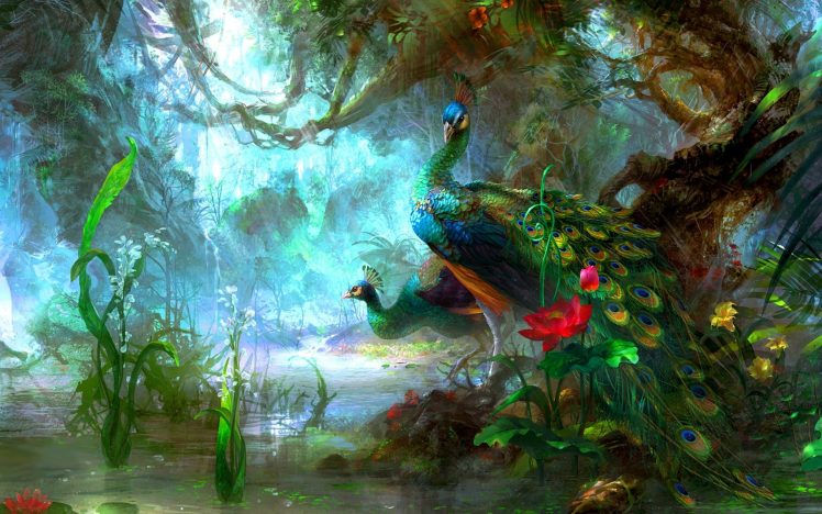 birds, Colorful, Flowers, Forest, Green, Peacocks, Trees HD Wallpaper Desktop Background