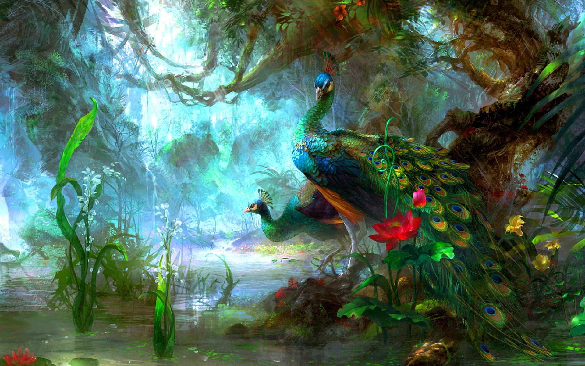 birds, Colorful, Flowers, Forest, Green, Peacocks, Trees Wallpaper