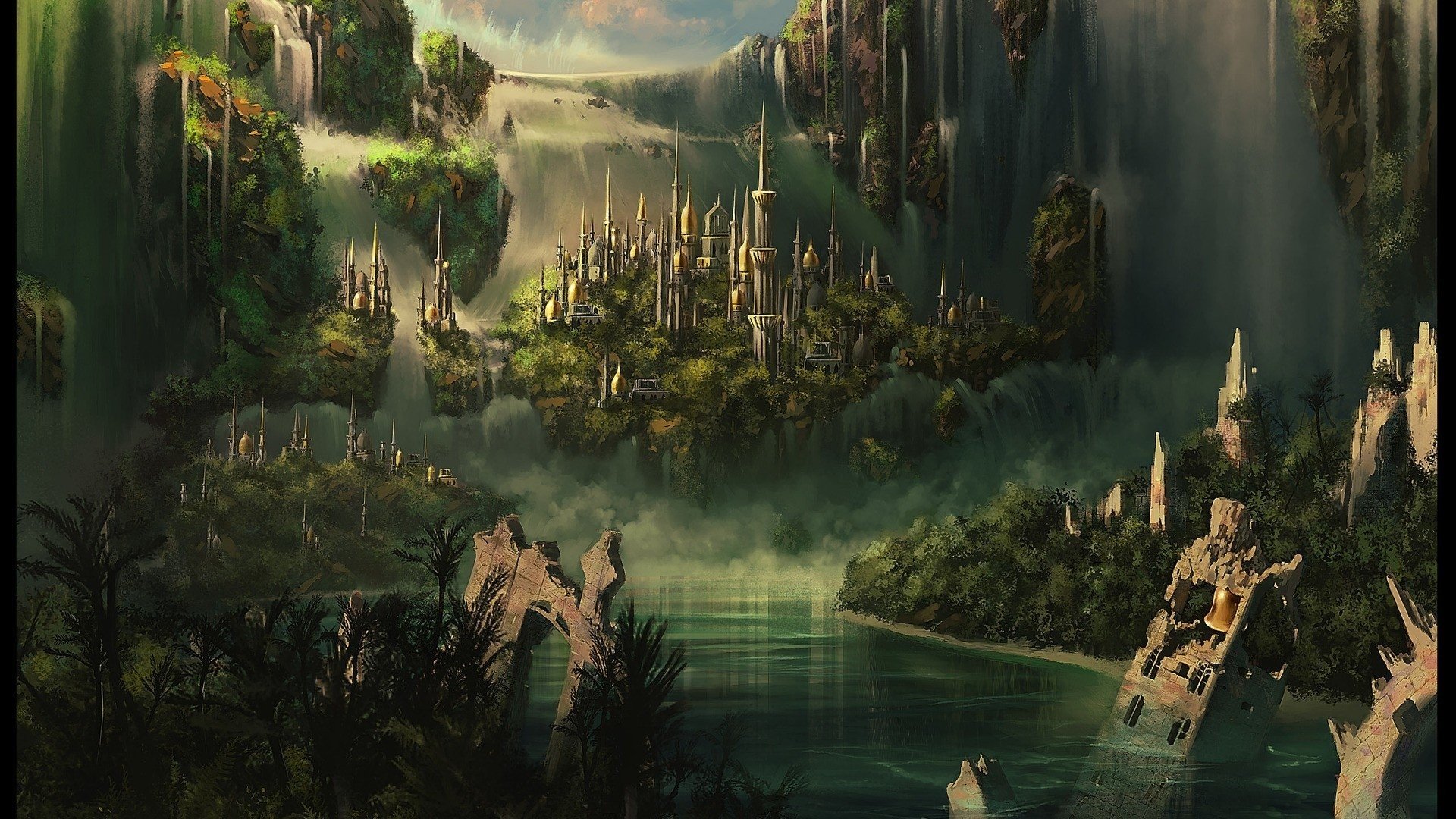 castle, Fantasy art, Waterfall Wallpaper