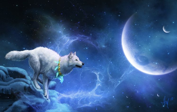 animals, Fantasy art, Wolf, Planet, Sky, Moon HD Wallpaper Desktop Background