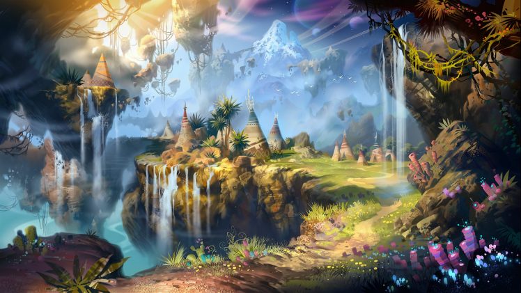 fantasy art, Waterfall, Mountains HD Wallpaper Desktop Background